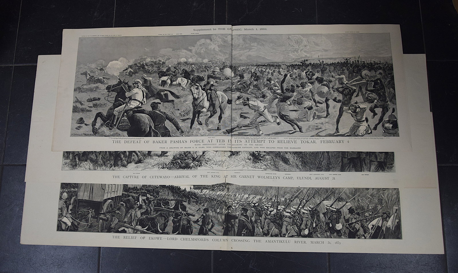 GROUP OF THREE AFRICAN AND COLONIAL WAR PANORAMIC ENGRAVINGS FROM THE GRAPHIC: A STRIKING GROUP OF THREE LARGE-SCALE PANORAMIC ENGRAVINGS FROM THE GRAPHIC ILLUSTRATING DRAMATIC EPISODES OF LATE 19TH-CENTURY COLONIAL CONFLICT, INCLUDING THE DEFEAT OF BAKER PASHA’S FORCE AT TEB 