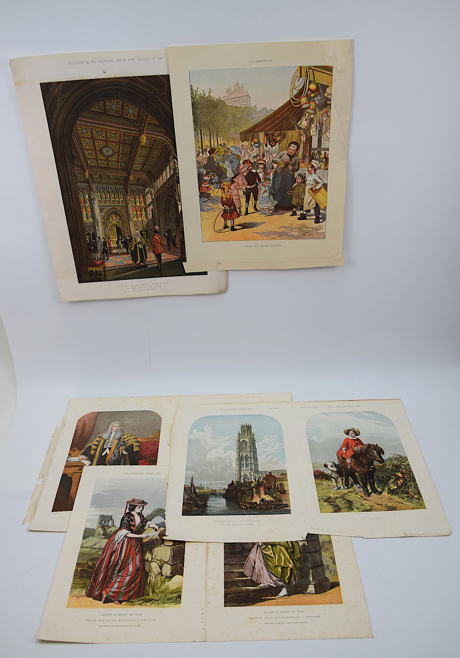 COLLECTION OF ANTIQUE ILLUSTRATED LONDON NEWS AND RELATED HAND-COLORED PRINTS: A GROUP FIVE OF 19TH CENTURY HAND-COLORED AND ENGRAVED SUPPLEMENTS INCLUDING ILLUSTRATED LONDON NEWS AND CONTINENTAL SUBJECTS, FEATURING “THE PEERS’ LOBBY, HOUSE OF LORDS,” AN INTERIOR ARCHI