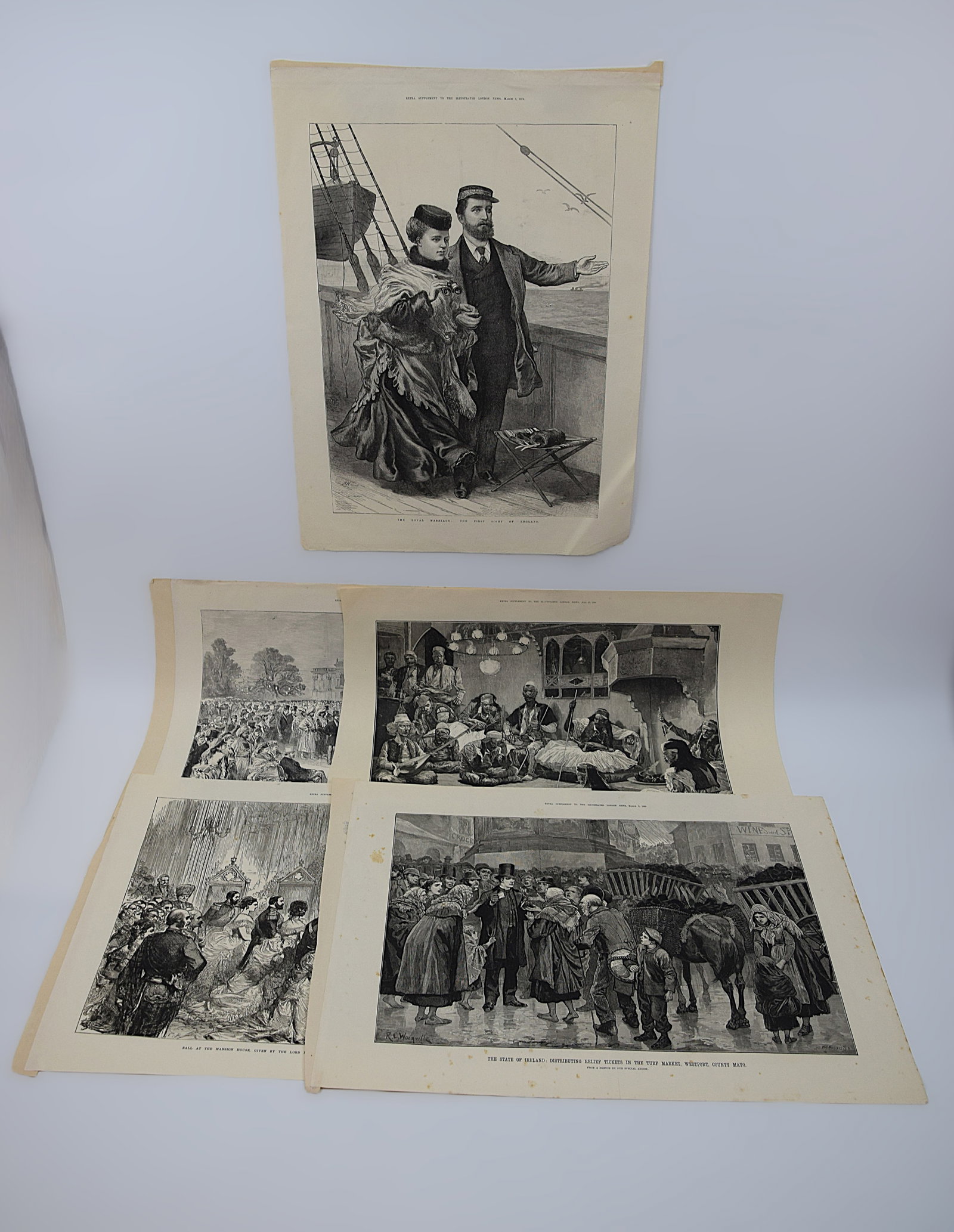 SIGNIFICANT ILLUSTRATED LONDON NEWS FIVE ENGRAVINGS ROYAL CEREMONIAL VICTORIAN BRITISH IMPERIAL: STRIKING GROUP OF FIVE 19TH CENTURY WOOD ENGRAVED SUPPLEMENTS FROM THE ILLUSTRATED LONDON NEWS, LONDON, FEATURING ROYAL AND CEREMONIAL SUBJECTS INCLUDING THE ROYAL MARRIAGE ARRIVAL SCENES GRAND BALL I