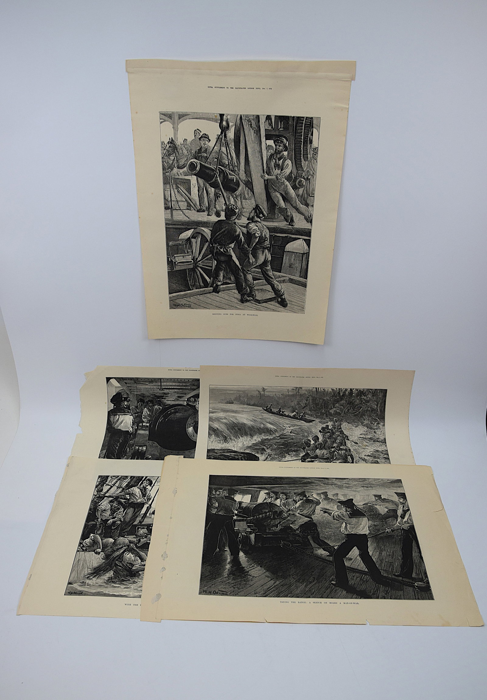 EXCEPTIONAL ILLUSTRATED LONDON NEWS FIVE ENGRAVINGS MILITARY AND NAVAL SUBJECTS VICTORIAN BRITISH: DISTINCTIVE GROUP OF FIVE 19TH CENTURY WOOD ENGRAVED SUPPLEMENTS FROM THE ILLUSTRATED LONDON NEWS, LONDON, FEATURING MILITARY AND NAVAL SUBJECTS INCLUDING CAMPAIGN SCENES TROOP MOVEMENTS AND ACTION VI