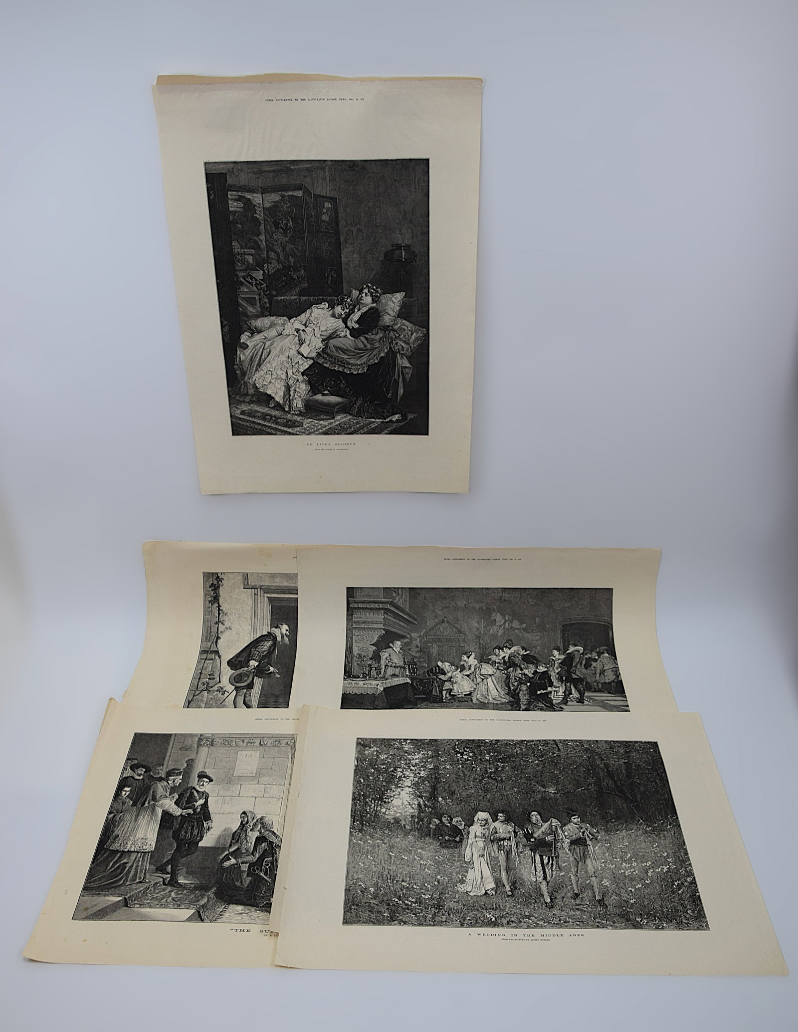 FINE ILLUSTRATED LONDON NEWS FIVE ENGRAVINGS SPANISH GENRE MUSICAL SCENES VICTORIAN ERA: DISTINCTIVE GROUP OF FIVE ORIGINAL 19TH CENTURY WOOD-ENGRAVED SUPPLEMENTS FROM THE ILLUSTRATED LONDON NEWS, LONDON, INCLUDING SPANISH-INFLUENCED GENRE SUBJECTS SUCH AS “UNA SEGUIDILLA GITANESCA&rdqu
