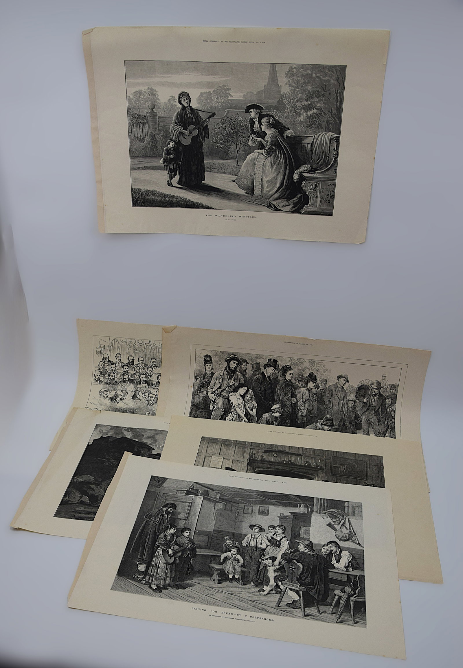 RARE FIVE ILLUSTRATED LONDON NEWS ENGRAVING GROUP VICTORIAN SOCIAL SCENES 19TH CENTURY HISTORICAL: FINE COLLECTION OF FIVE ORIGINAL ILLUSTRATED LONDON NEWS WOOD ENGRAVINGS DEPICTING VICTORIAN SOCIAL AND DOMESTIC LIFE, PRODUCED IN LONDON DURING THE MID TO LATE 19TH CENTURY. FEATURES DETAILED SCENES 