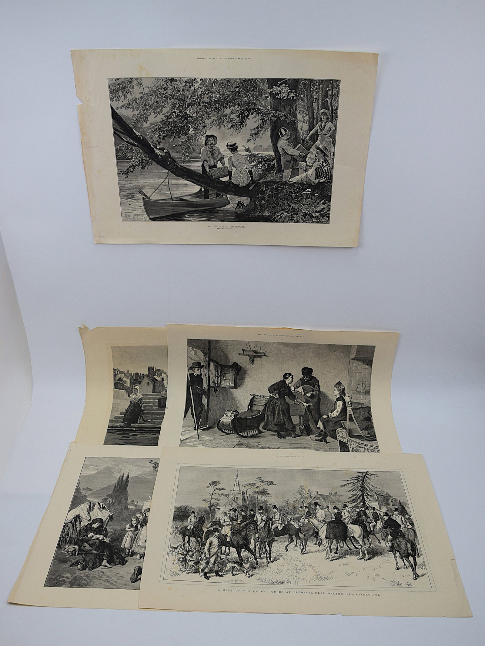 STRIKING FIVE VICTORIAN ILLUSTRATED NEWS ENGRAVINGS COLLECTION 19TH CENTURY SOCIAL & RURAL SCENES: IMPRESSIVE GROUP OF FIVE ORIGINAL 19TH CENTURY WOOD-ENGRAVED PLATES FROM THE ILLUSTRATED LONDON NEWS AND RELATED PUBLICATIONS, CIRCA MID TO LATE 1800S, DEPICTING A RANGE OF SOCIAL, RURAL, AND GENRE SC
