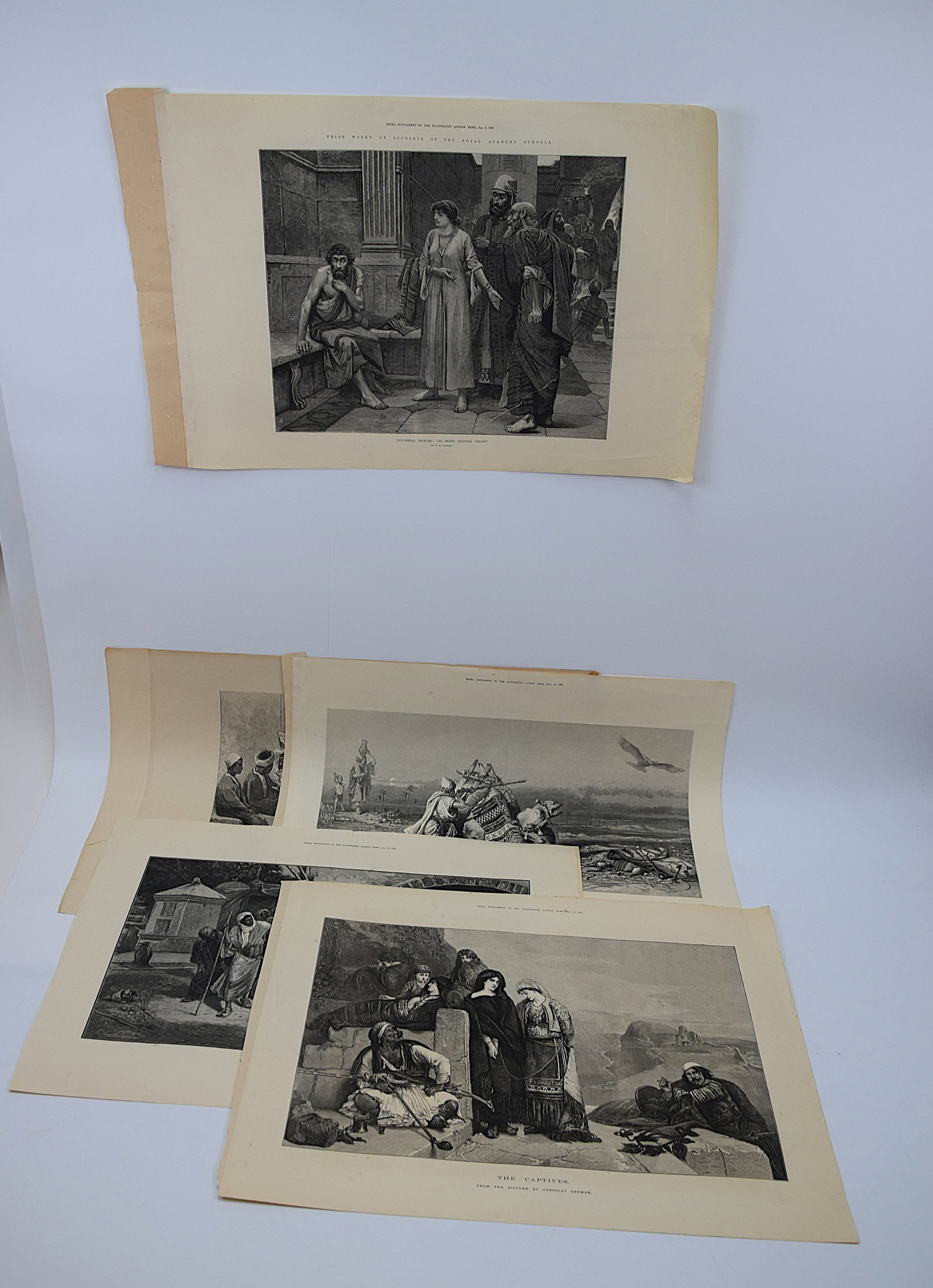 DRAMATIC FIVE ILLUSTRATED LONDON NEWS ORIENTALIST AND HISTORICAL ENGRAVINGS VICTORIAN ERA: STRIKING GROUP OF FIVE LARGE FORMAT 19TH CENTURY WOOD-ENGRAVED PLATES FROM THE ILLUSTRATED LONDON NEWS, LONDON, FEATURING POWERFUL NARRATIVE SCENES INCLUDING “ST. PETER DENYING CHRIST,” “THE