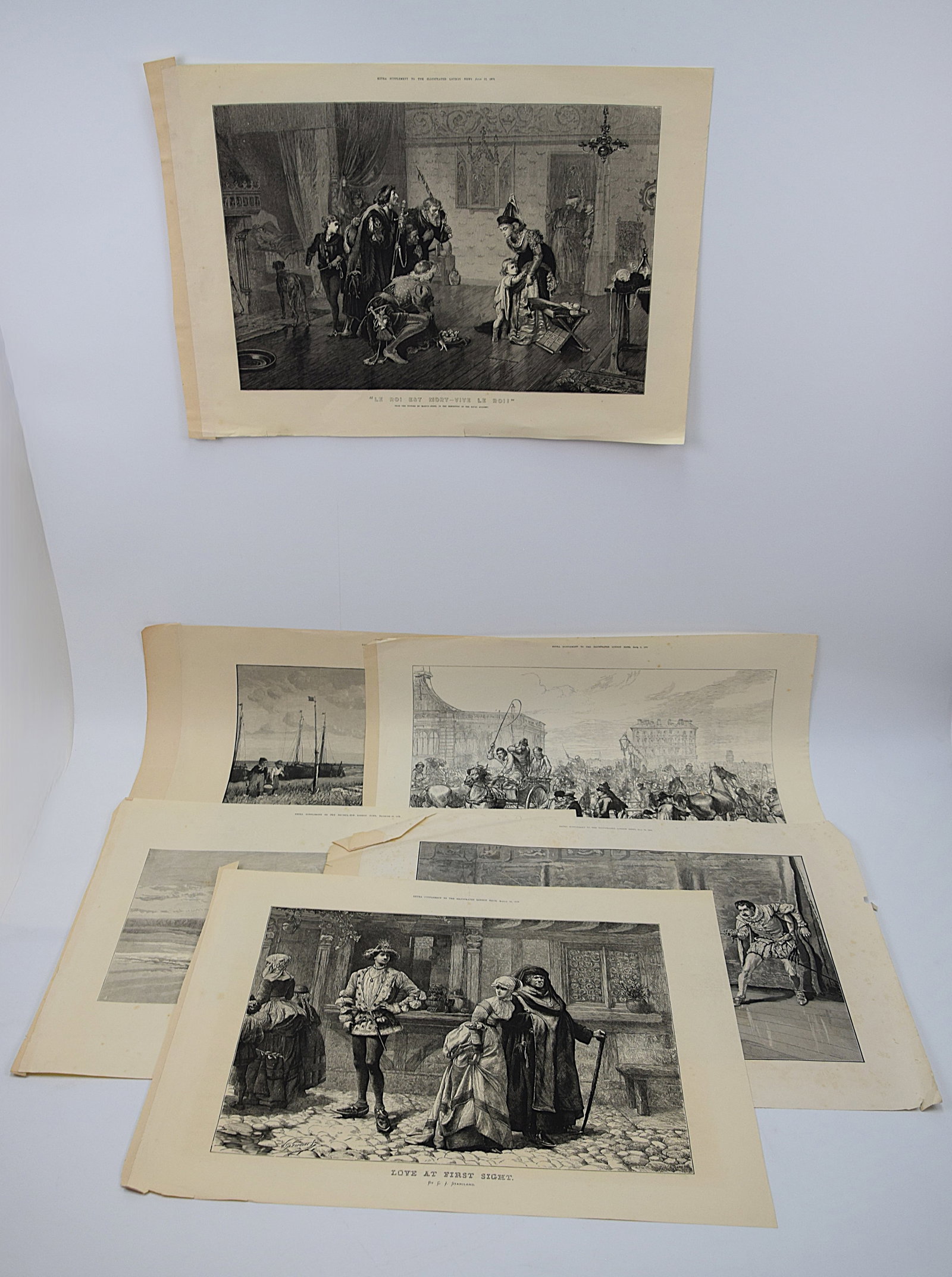 FINE GROUP OF FIVE VICTORIAN FIGURAL AND GENRE ILLUSTRATED LONDON NEWS ENGRAVINGS: ATTRACTIVE COLLECTION OF FIVE LARGE FORMAT 19TH CENTURY WOOD-ENGRAVED PLATES FROM THE ILLUSTRATED LONDON NEWS, LONDON, FEATURING A DIVERSE RANGE OF HISTORICAL, LITERARY, AND EVERYDAY LIFE SCENES INCLU