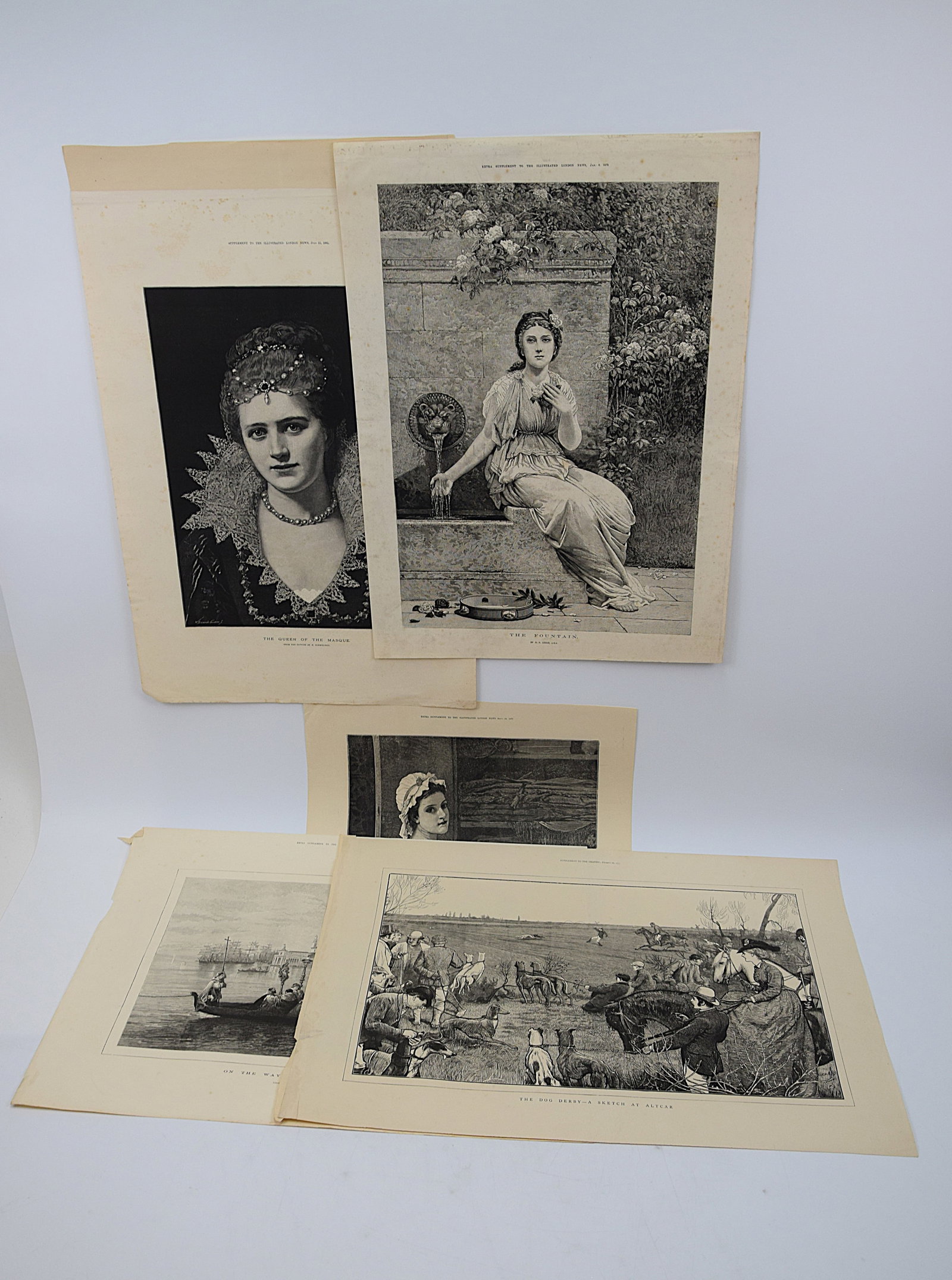 FINE GROUP OF FIVE VICTORIAN PORTRAIT AND GENRE ILLUSTRATED LONDON NEWS ENGRAVINGS: ATTRACTIVE COLLECTION OF FIVE LARGE FORMAT 19TH CENTURY WOOD-ENGRAVED PLATES FROM THE ILLUSTRATED LONDON NEWS, LONDON, FEATURING ELEGANT FEMALE PORTRAITS AND SCENES OF DAILY LIFE INCLUDING “THE QUEE