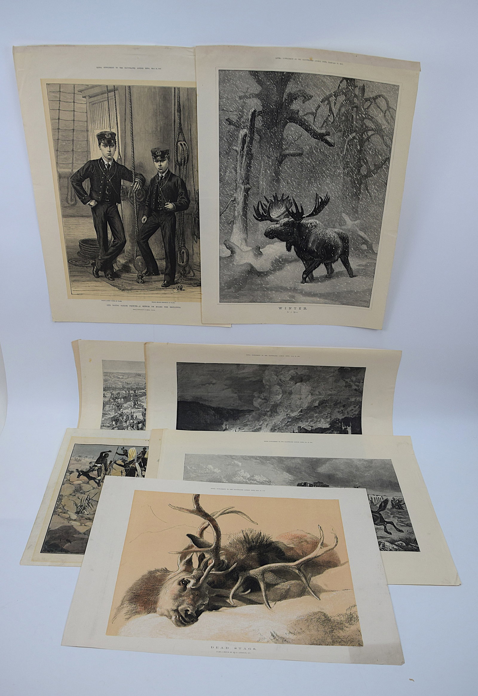 FINE GROUP OF SEVEN VICTORIAN SPORTING, MILITARY, AND GENRE ILLUSTRATED LONDON NEWS ENGRAVINGS: IMPRESSIVE COLLECTION OF SEVEN LARGE FORMAT 19TH CENTURY WOOD-ENGRAVED AND COLOR PLATES FROM THE ILLUSTRATED LONDON NEWS, LONDON, INCLUDING SCENES OF SPORT, TRAVEL, AND EMPIRE SUCH AS “OUR YOUNG SAI