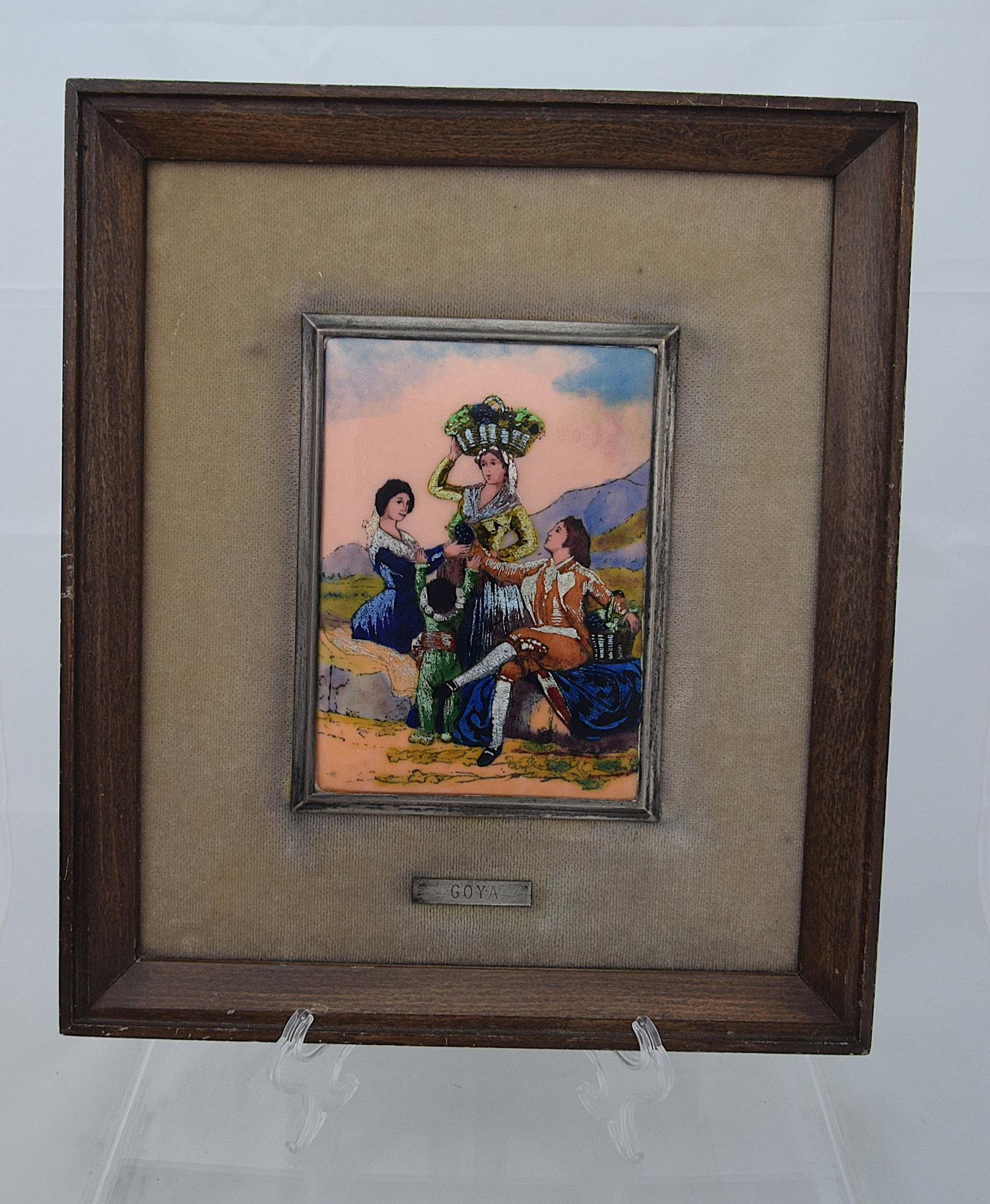 FINE ENAMEL PLAQUE GOYA SCENE FRAMED EUROPEAN DECORATIVE ART: STRIKING HAND-DECORATED ENAMEL PLAQUE DEPICTING A CLASSICAL FIGURAL SCENE AFTER GOYA, RENDERED IN VIVID POLYCHROME WITH DELICATE DETAIL AND PERIOD COSTUME. EUROPEAN WORK, LIKELY MID-20TH CENTURY, SET 