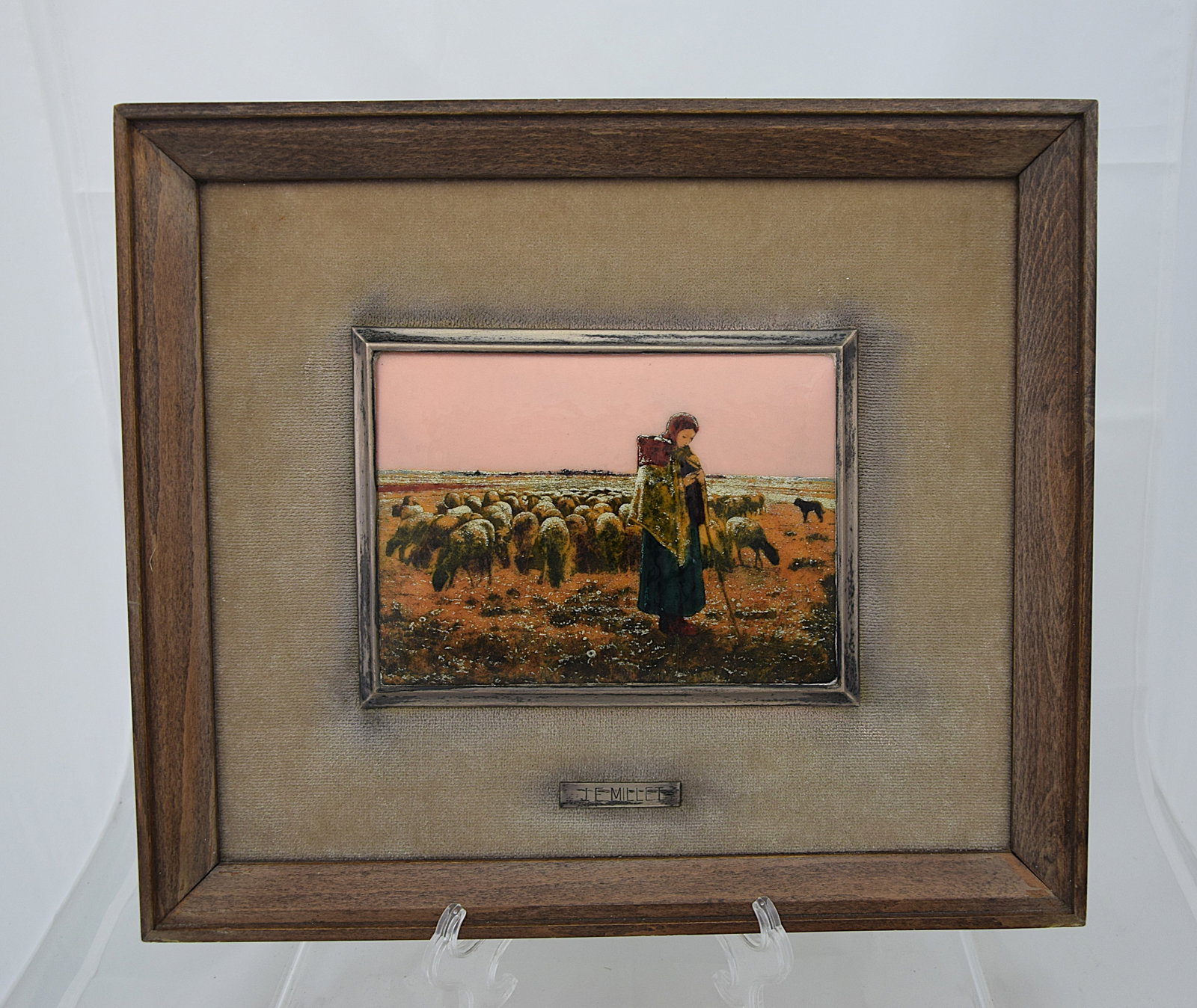 FINE ENAMEL PLAQUE “SHEPHERDESS WITH FLOCK?? AFTER J.F. MILLET FRAMED (1 of 4)