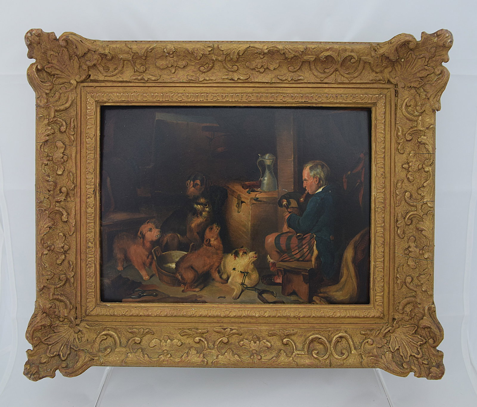 CONTINENTAL SCHOOL GENRE PAINTING OF MAN WITH DOGS (1 of 3)