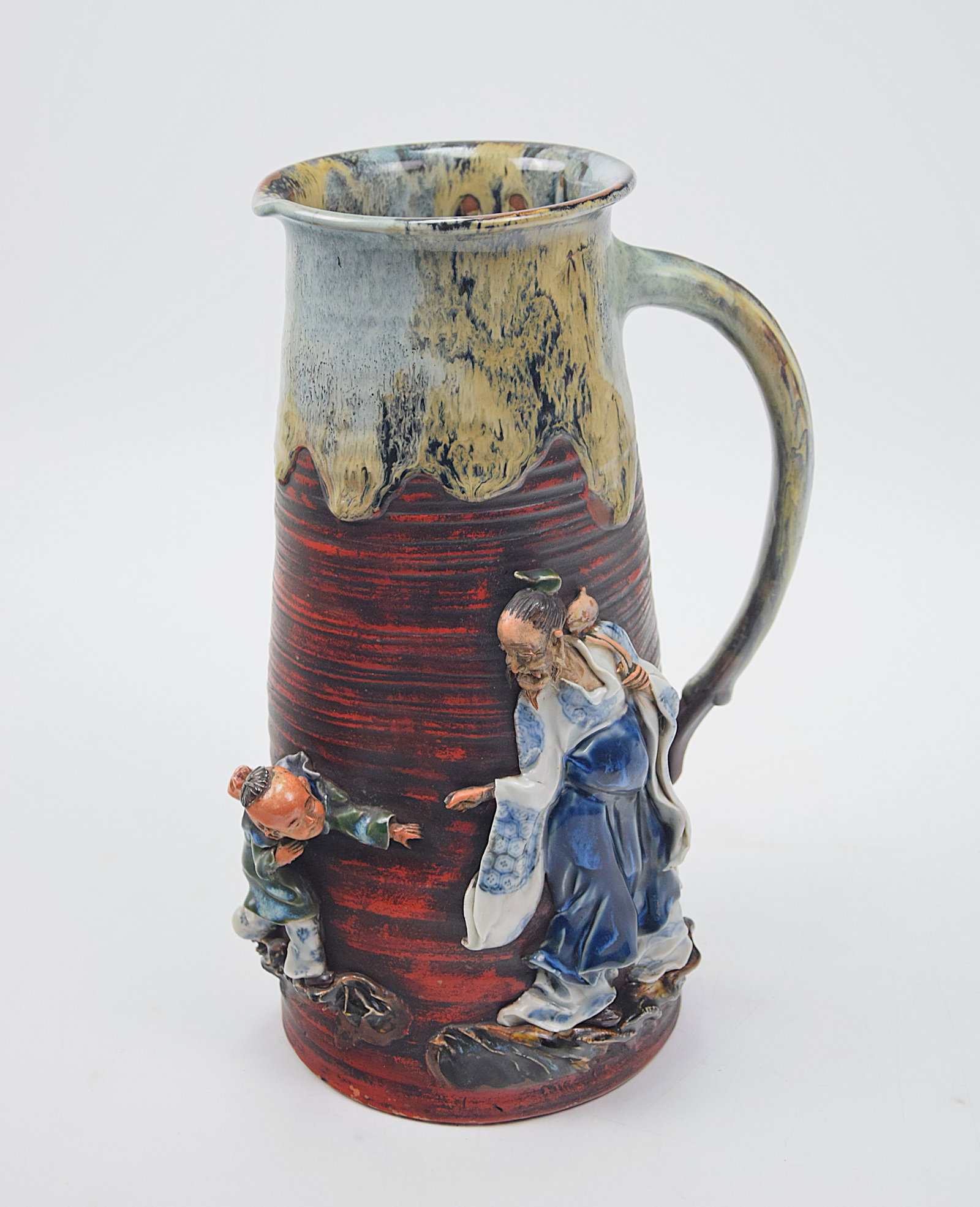 STRIKING FIGURAL POTTERY PITCHER IMMORTAL SCENE ORIENTALIST STYLE HAND-DECORATED (1 of 11)