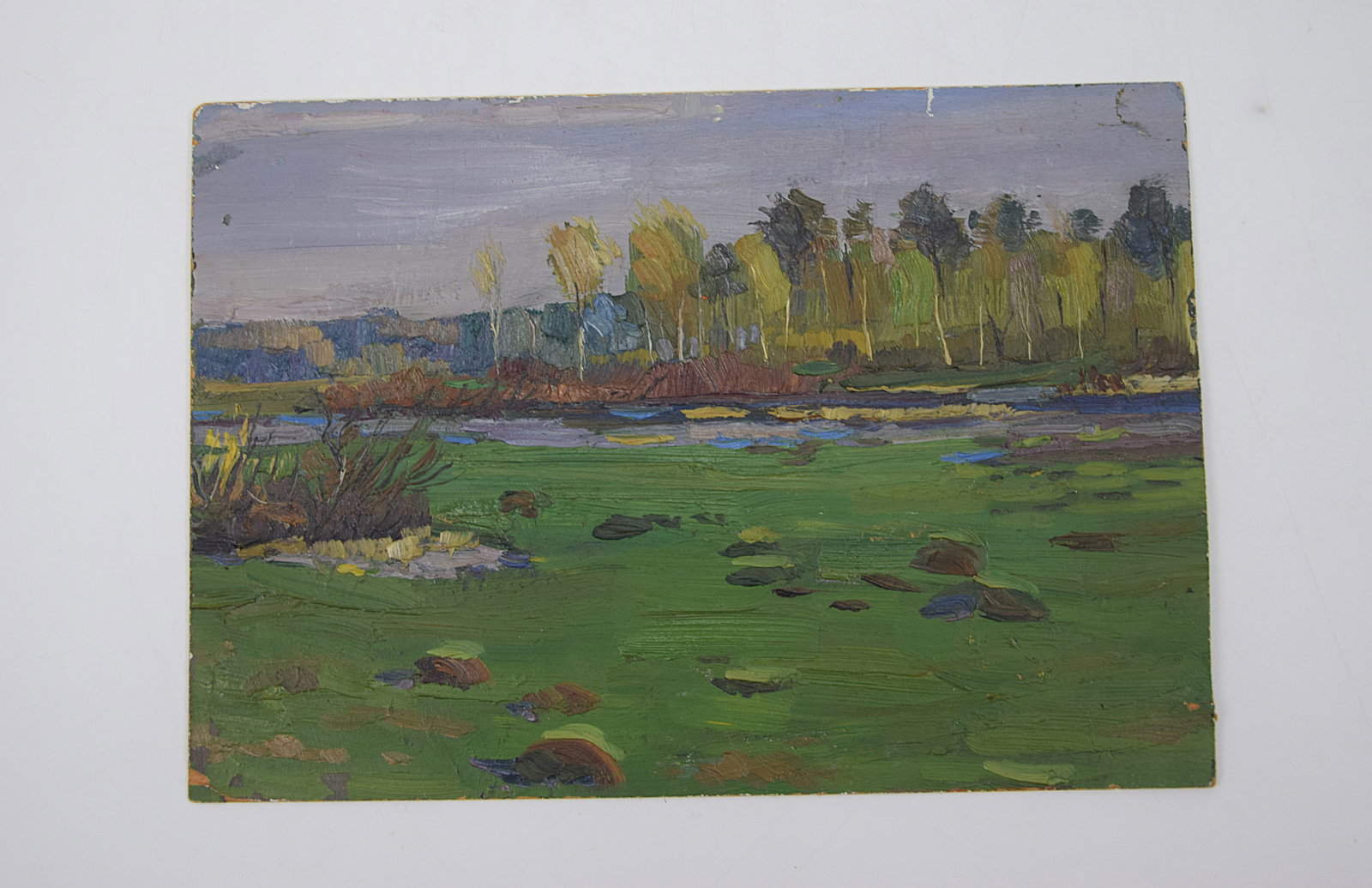 ORIGINAL OIL PAINTING LANDSCAPE SIGNED DATED 1959 (RUSSIAN SCHOOL): ORIGINAL MID-20TH CENTURY OIL ON BOARD, DEPICTING A SERENE LANDSCAPE WITH A GREEN MEADOW IN THE FOREGROUND, A STREAM OR LOW WETLAND AREA, AND A LINE OF SLENDER TREES IN EARLY AUTUMN COLORING UNDER A S