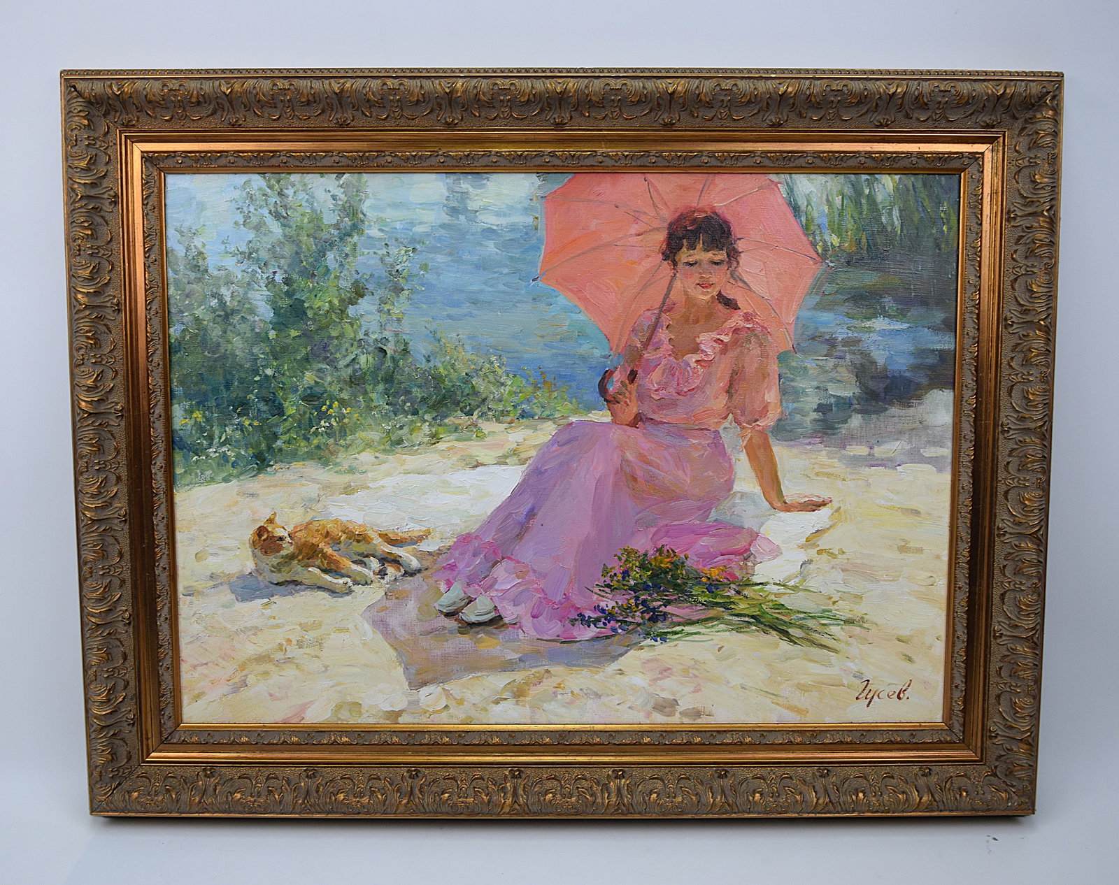 ORIGINAL OIL PAINTING “REST" BY V. GUSEV (RUSSIAN SCHOOL): ORIGINAL RUSSIAN SCHOOL OIL ON CANVAS, DEPICTING A YOUNG WOMAN IN A PINK DRESS SEATED BY A RIVERSIDE, HOLDING A PARASOL, WITH A CAT RESTING BESIDE HER AND A SMALL BOUQUET OF FLOWERS IN THE FOREGROUND;