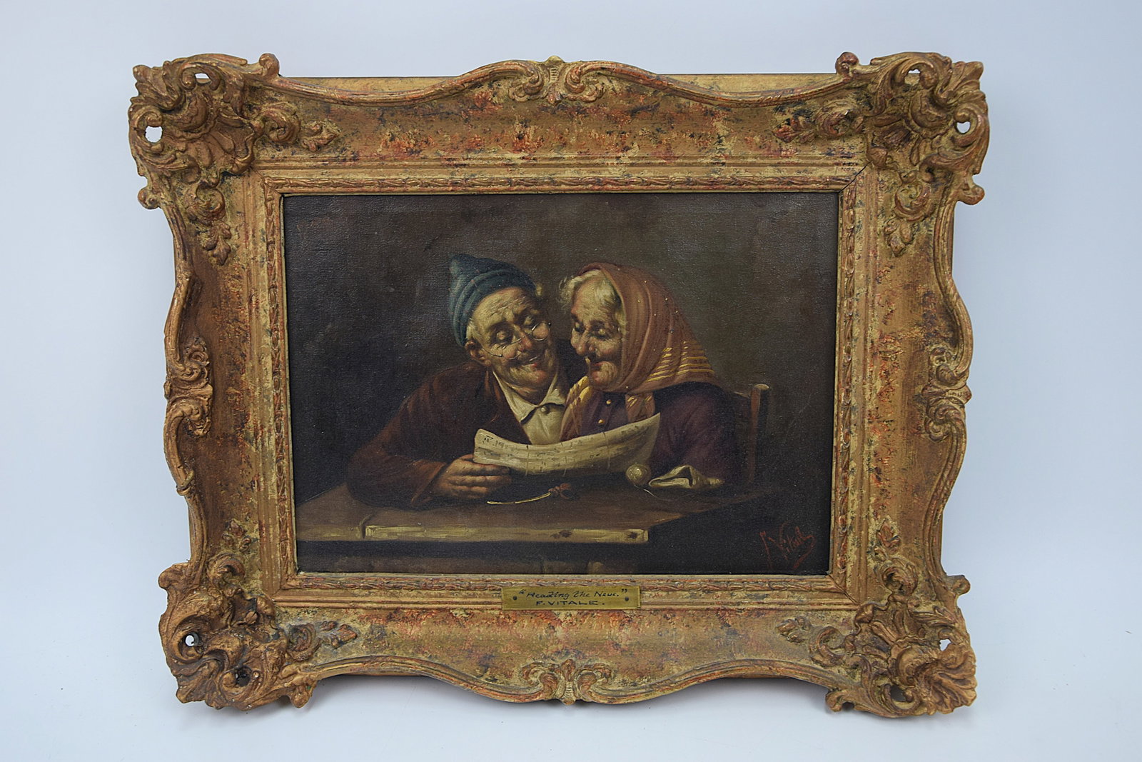 ORIGINAL OIL PAINTING “READING THE NEWS?? SIGNED F. VITALE EUROPEAN GENRE SCENE (1 of 4)