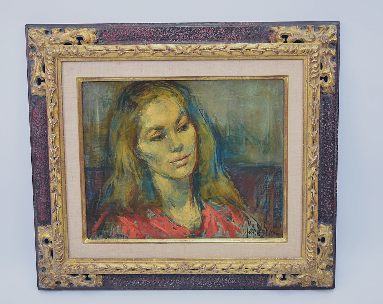 EXPRESSIVE OIL PORTRAIT SIGNED JOHN DENT MID-CENTURY MODERNIST FIGURAL STUDY: STRIKING MID-CENTURY MODERNIST PORTRAIT RENDERED IN OIL ON CANVAS, DEPICTING A YOUNG WOMAN WITH ELONGATED FEATURES AND MOODY COLOR PALETTE, SIGNED LOWER RIGHT “JOHN DENT”; COMPOSITION SHOWCASE