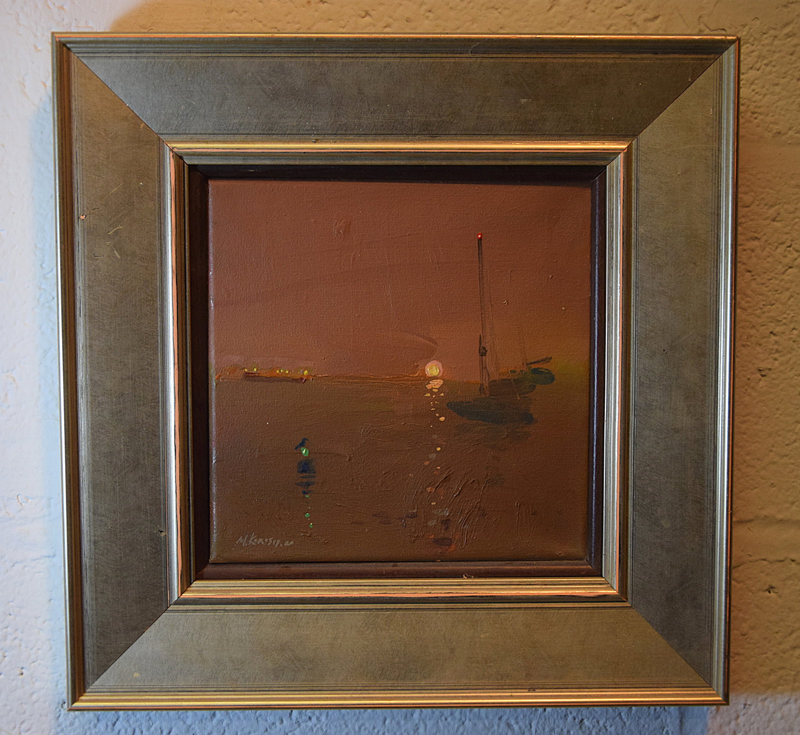 ATMOSPHERIC SUNSET HARBOR SCENE SHEEPSHEAD BAY SIGNED M KOROSTY 2020 CONTEMPORARY AMERICAN: GLOWING TONAL SEASCAPE CAPTURING A LOW SUN SETTING OVER CALM WATERS EXECUTED IN OIL ON CANVAS BY MICHAEL KOROSTY, SIGNED AND DATED 2020, DEPICTING A MINIMALIST HARBOR VIEW WITH A SINGLE VESSEL, NAVIGA