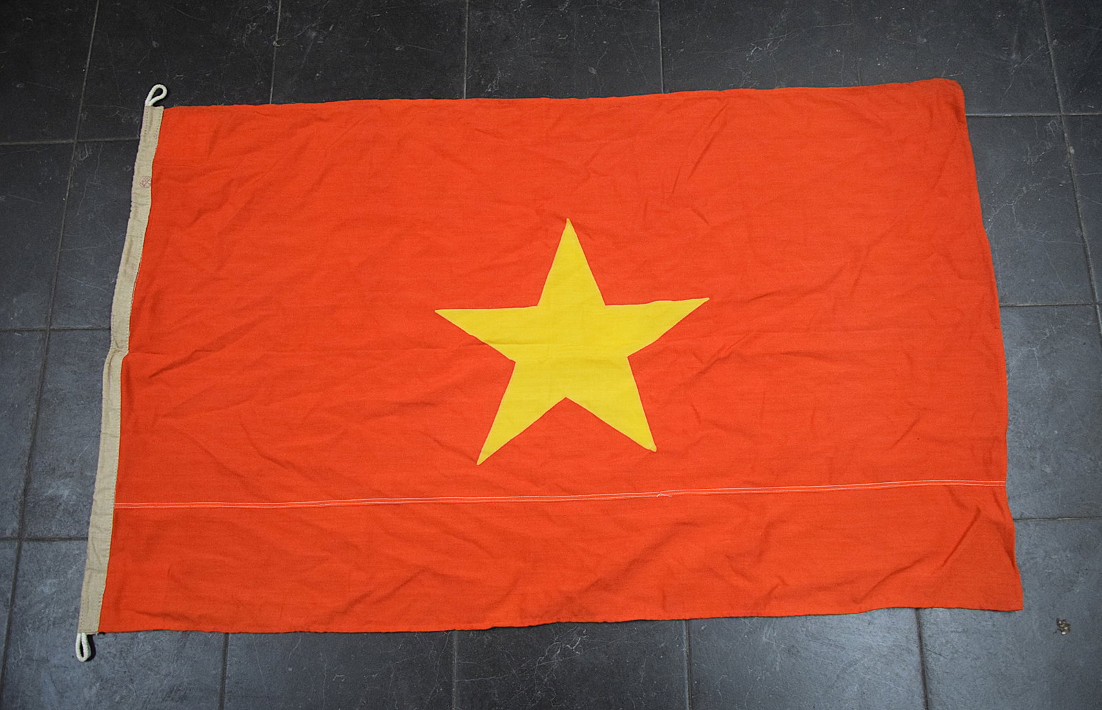 SOVIET-MADE FLAGOF NORTH VIETNAM: Soviet-made Flag of North Vietnam, approx. 3 ft x 4.5 ft, 1970s-80s vintage. Shows Soviet markings. Excellent condition. Size: 3 ft x 4.5 ft. All measurements are approximate. Condition: Please see pi