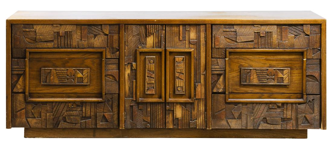 Brutalist Oak Cabinet by Lane: Brutalist Oak Cabinet by Lane Having three drawers on each side of the center cabinet doors that open to reveal three hidden drawers Height: 30.00 inches, Width: 78.00 inches, Depth: 18.00 inches Cate