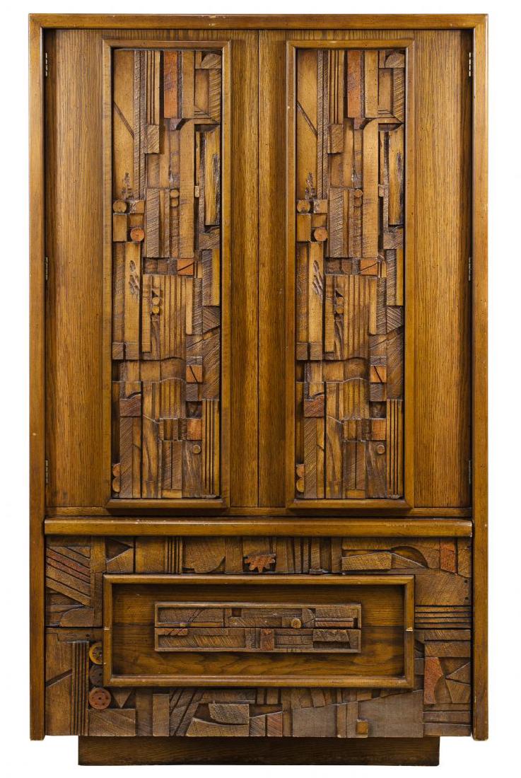 Brutalist Oak Wardrobe Cabinet by Lane: Brutalist Oak Wardrobe Cabinet by Lane Having three shelves and two drawers inside the upper cabinet and two drawers below the cabinet Height: 66.00 inches, Width: 40.00 inches, Depth: 18.00 inches Ca