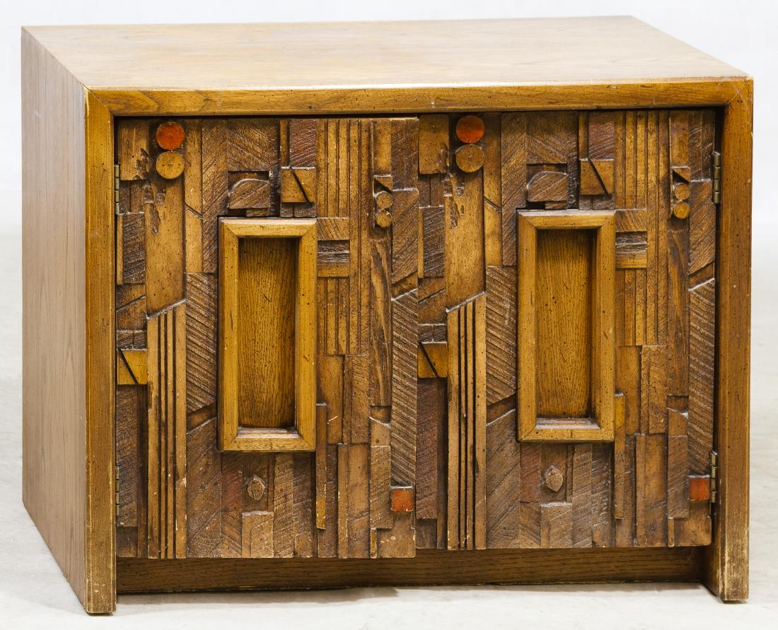 Brutalist Oak Nightstand by Lane: Brutalist Oak Nightstand by Lane Having two cabinet doors and one interior shelf Height: 22.00 inches, Width: 28.00 inches, Depth: 16.00 inches Category: Furniture > Mid-Century Modern Shipping Status