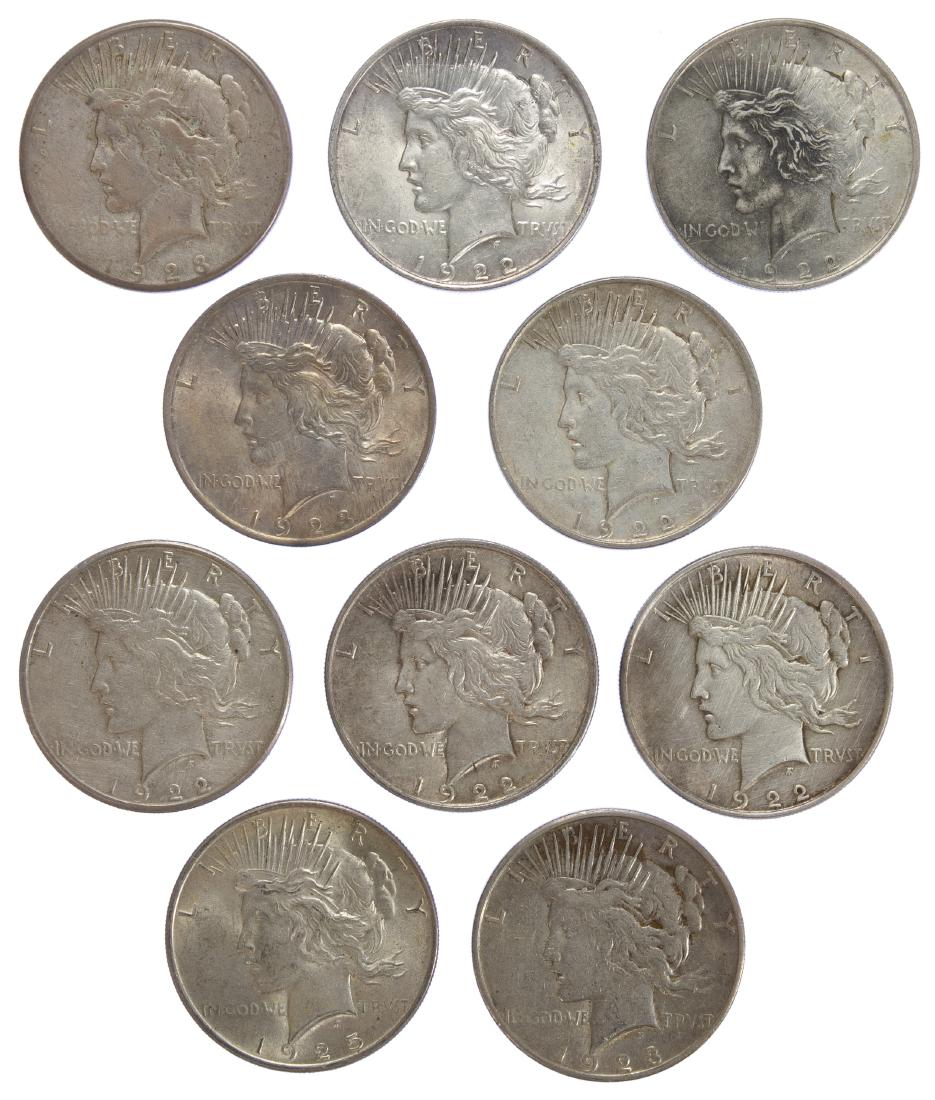 Peace $1 Assortment: Peace $1 Assortment Ten coins including (5) 1922, 1922-S, 1923, (2) 1923-S and 1925 Category: Dollars > Peace Dollar Mixed Lots Shipping Status: Leonard Auction, Inc. will provide direct shipping for