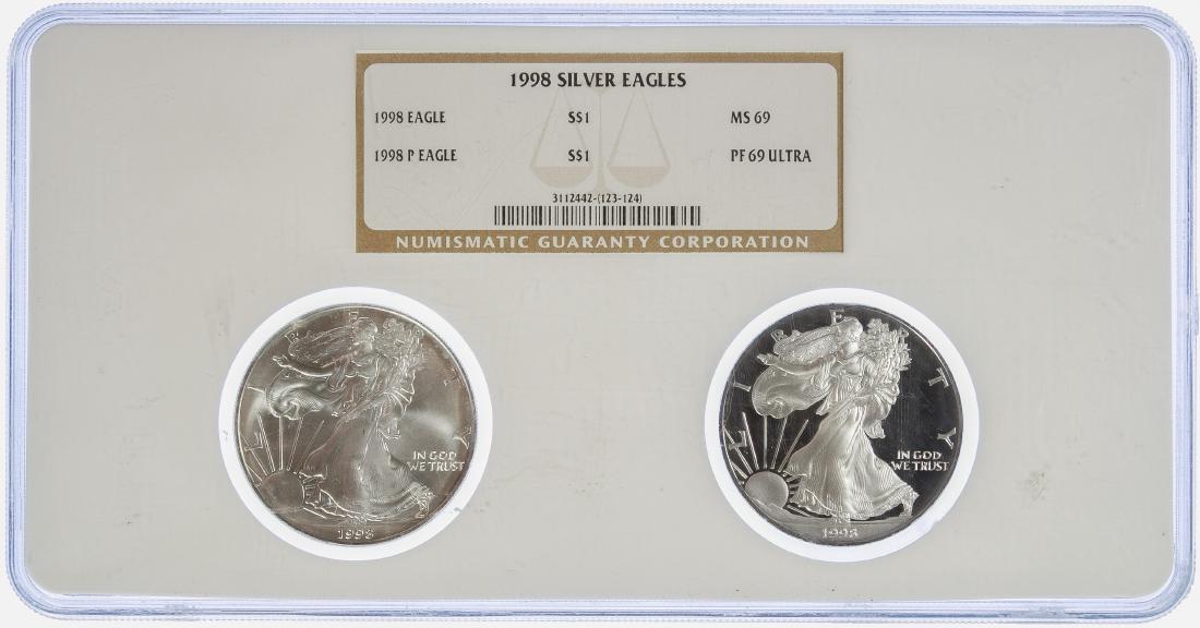 1998 $1 Silver Eagle Set: 1998 $1 Silver Eagle Set (2) coins; 1998 $1 silver eagle MS-69 NGC and 1998-P $1 silver eagle PF-69 NGC Category: Bullion Coins > Silver Eagles Shipping Status: Leonard Auction, Inc. will provide dire