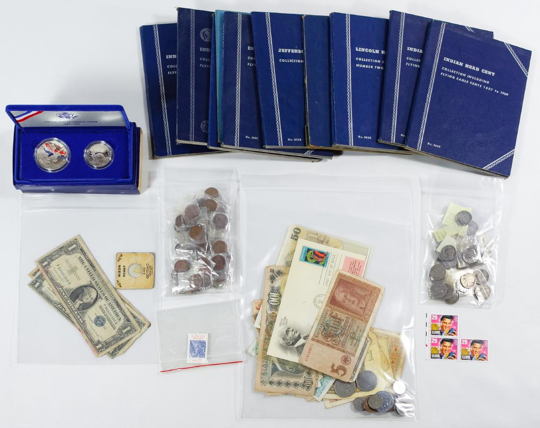 US and World Coin and Currency Assortment: US and World Coin and Currency Assortment Including (3) $1 silver certificates, Nixon penny, 5c assortment, 1c assortment, Liberty coin set and world coins and currency with various dates and countrie