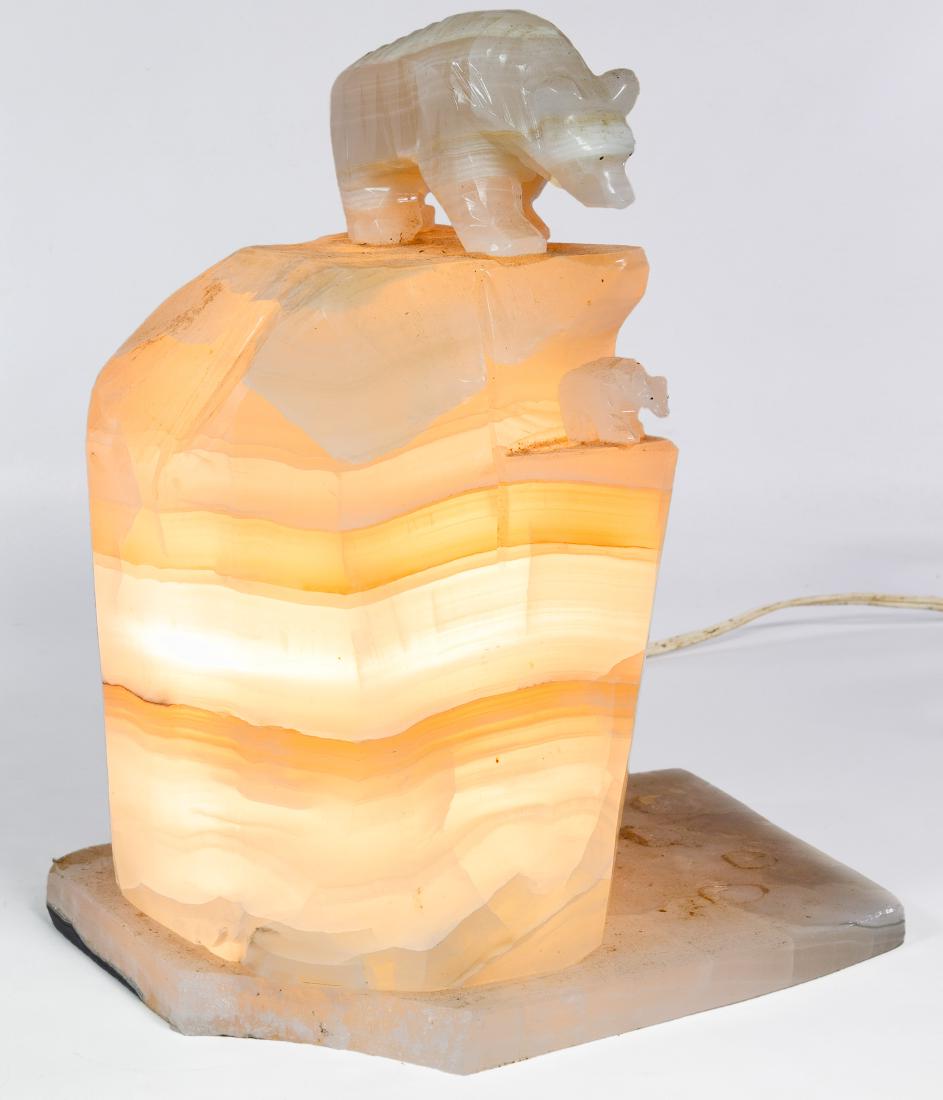 Carved Chalcedony Polar Bear Electric Table Lamp: Carved Chalcedony Polar Bear Electric Table Lamp Having two carved polar bears on a pillar style formation; mounted onto a quartz plinth Height: 13.00 inches, Width: 8.00 inches, Depth: 10.00 inches C