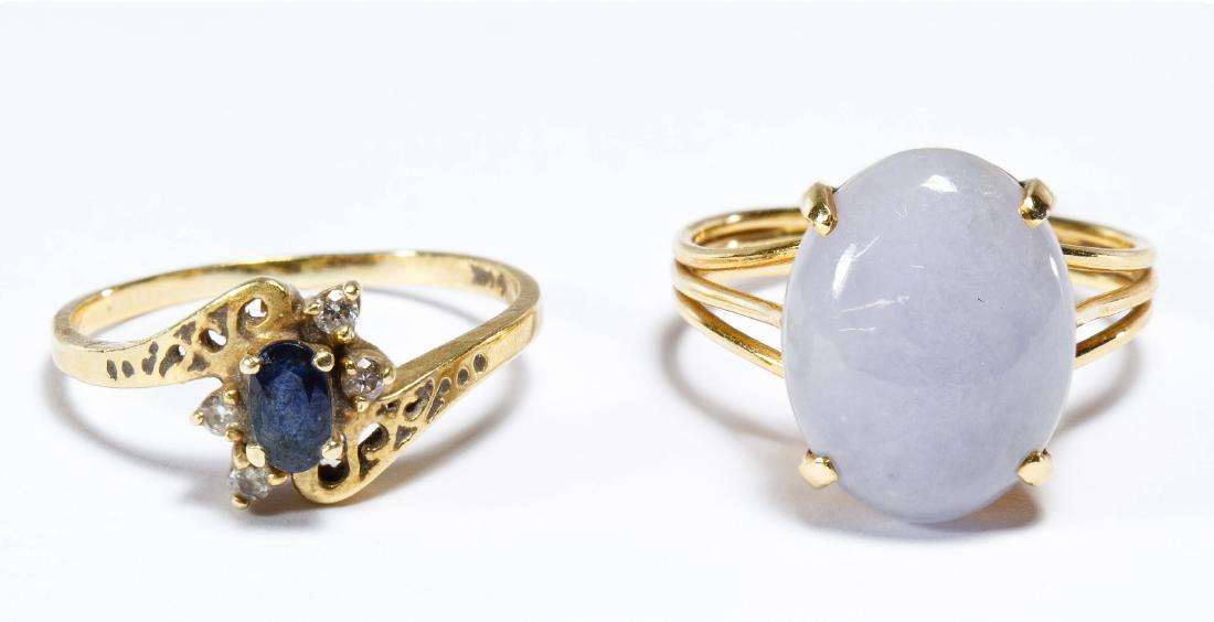 14k Gold and Gemstone Rings: 14k Gold and Gemstone Rings Two rings including an oval cut cabochon lilac quartz and a marquis cut spinel adorned with diamond chips; both marked '14k' inside band Size: 7, 7 Weight: 3.73 dwts. (tota