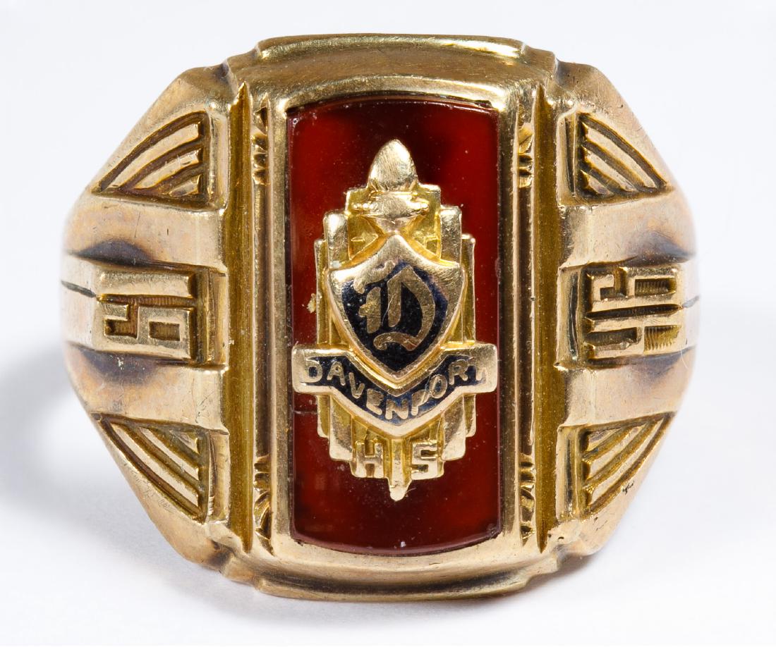 10k Gold School Ring: 10k Gold School Ring 1946 Davenport High School having an emblem on red glass; marked '10k' inside band Size: 8 Weight: 4.51 dwts. (total weight) Category: Fine Jewelry > 10k Gold Shipping Status: Leo