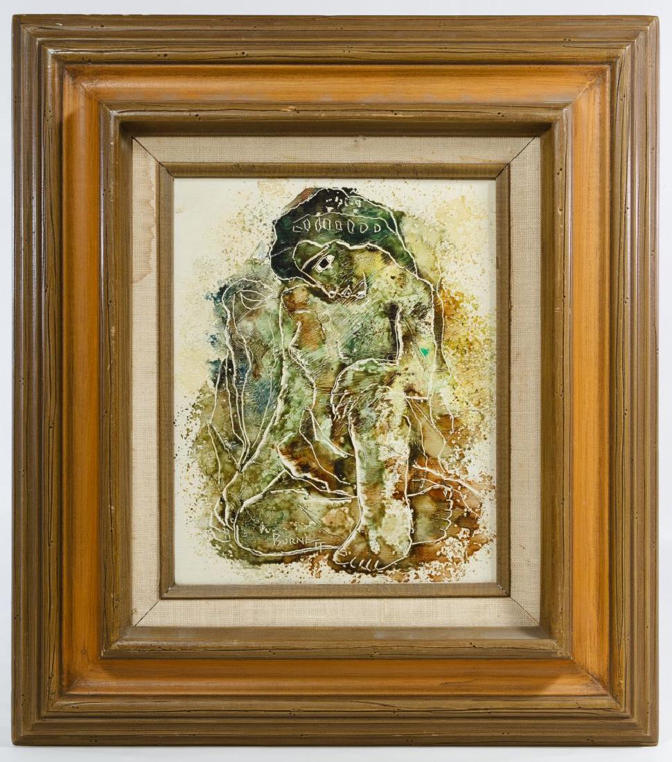 Calvin Waller Burnett (American, 1921-2007) Oil on: Calvin Waller Burnett (American, 1921-2007) Oil on Canvas Undated, signed bottom center, depicting a seated nude female Height: 10.00 inches, Width: 8.00 inches (canvas) Frame Size: 17.50 inches by 15