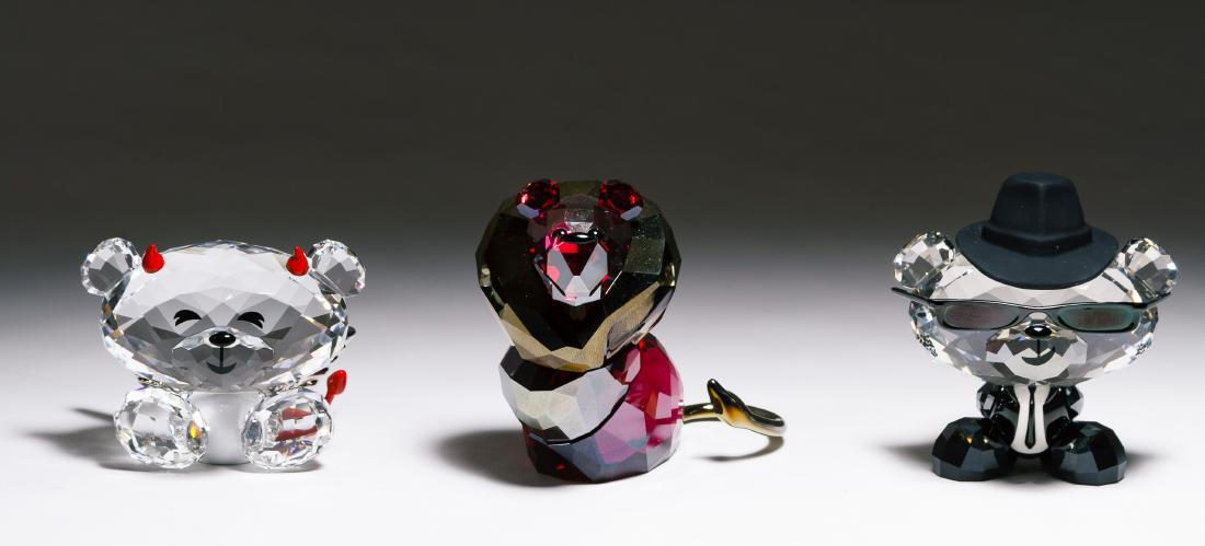 Swarovski Crystal Figurines: Swarovski Crystal Figurines Including Blues Bo Bear, Naughty but Nice Bo Bear and Leo the Circus Lion from LovLots; all marked on bottom Height: 2.50 inches (tallest) Category: Crystal & Glass > Swaro