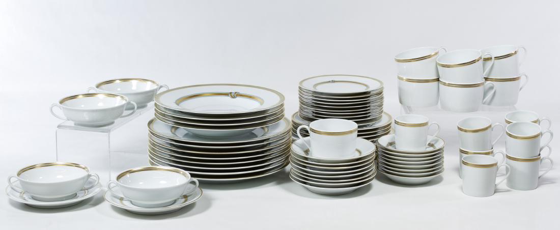 Christofle 'Ruban Or' China Service: Christofle 'Ruban Or' China Service Sixty-seven piece service including (8) dinner plates, (4) salad plates, (4) dessert plates, (10) bread plates, (4) soup large bowls, (4) bouillon bowls, (2) soup b