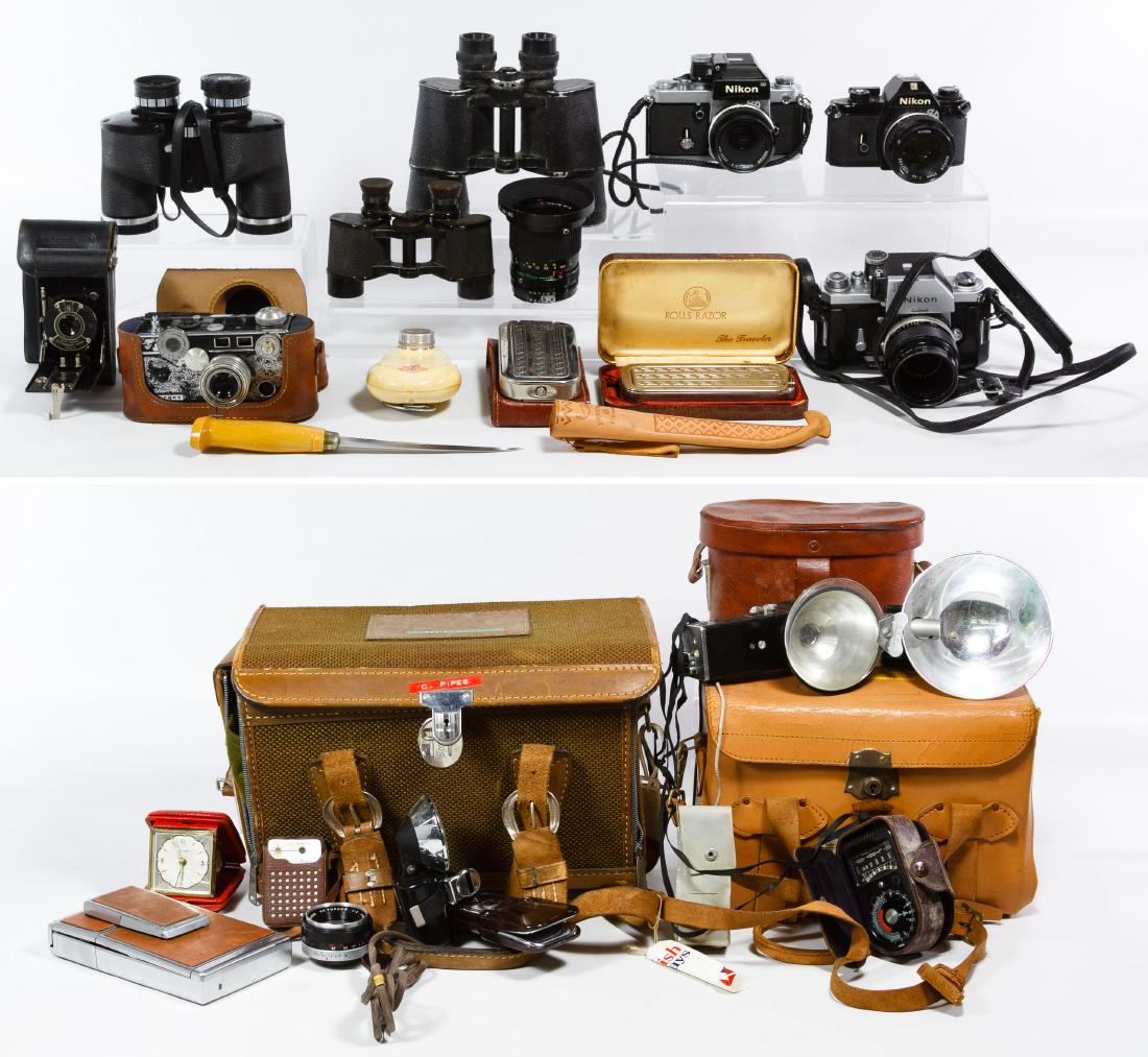 Camera and Binocular Assortment: Camera and Binocular Assortment Twenty items including Nikon cameras, lenses, binoculars and camera accessories; together with a clock, knife and three shaving items Width: 14.00 inches (case) Categor