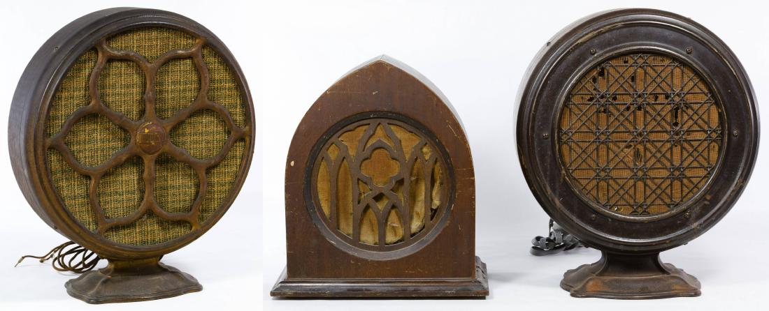 Atwater Kent Type E-2 Radio Speaker: Atwater Kent Type E-2 Radio Speaker Serial #257518, attached metal nameplate on the back; together with Atwater Kent Type F-4-A Radio Speaker having serial #1623255; and a Peerless 'Majestic' radio sp