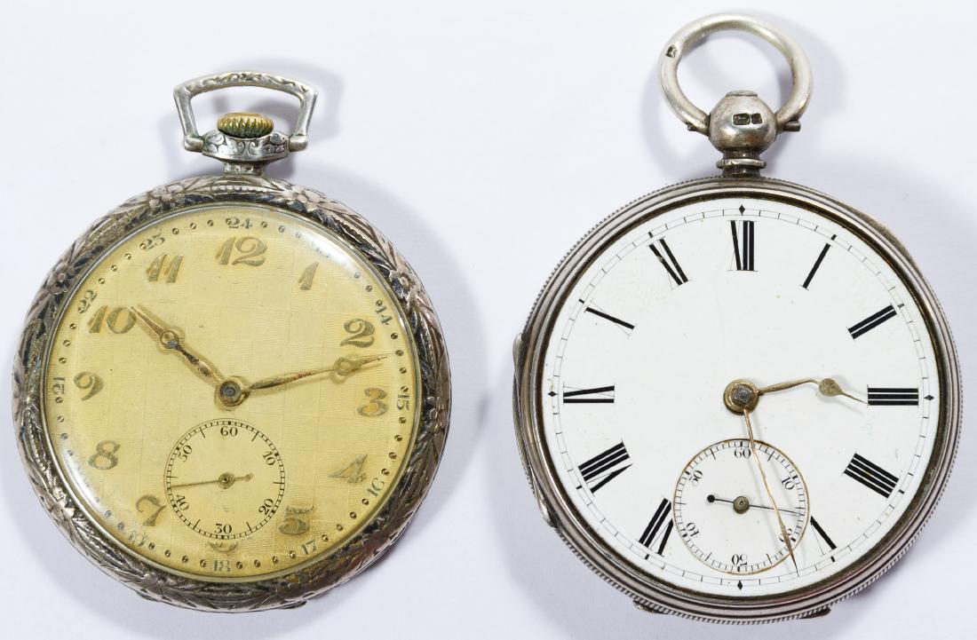 James Wintle Sterling Silver Open Face Pocket Watch: James Wintle Sterling Silver Open Face Pocket Watch Stamped maker mark and key wind movement; together with a .800 15-jewel stem wind open face pocket watch; marked 'sterling' and '.800' Width: 2.00 i