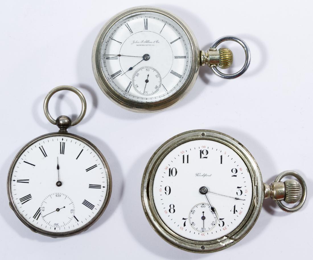 Open Face Pocket Watches: Open Face Pocket Watches Three watches; Rockford serial #431674, 17-jewel stem wind movement, coin silver case, marked 'Coin'; John S. Allen & Co. serial #1188611, stem wind movement; Montandon key wi