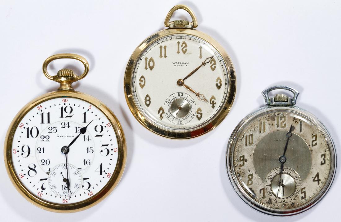 Waltham Open Face Pocket Watches: Waltham Open Face Pocket Watches One Waltham 1907, serial #16191469, 19-jewel stem wind movement; one 1936, serial #29294352, 21-jewel stem wind movement; one Waltham 21-jewel, stem wind movement pock