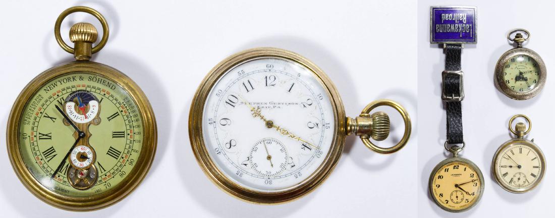 Open Face Pocket Watches: Open Face Pocket Watches Two watches; one Stephen Gertison serial #12574368, 15-jewel stem wind movement; one New York & Sohend stem wind watch; together with a Lackawanna Railroad open face pocket wa