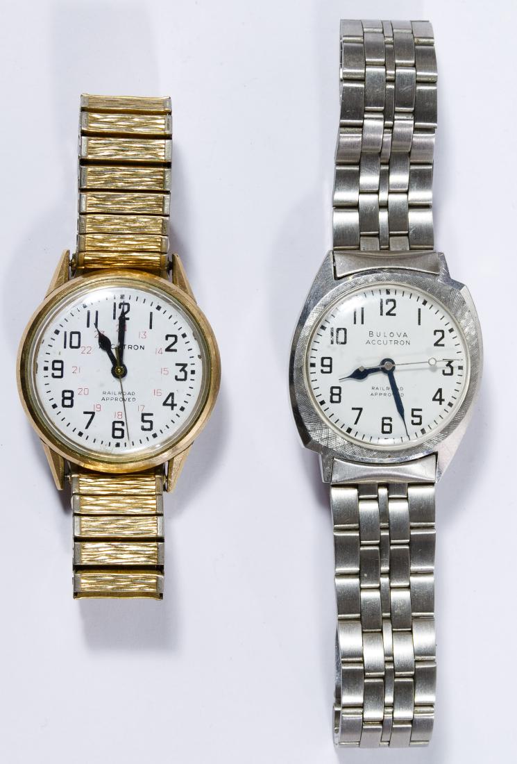 Bulova 'Accutron' Railroad Approved Wrist Watches: Bulova 'Accutron' Railroad Approved Wrist Watches Two battery operated watches including one with a red dial for Canadian Railway Diameter: 3.00 inches (largest band) Category: Watches > Men's Wrist W