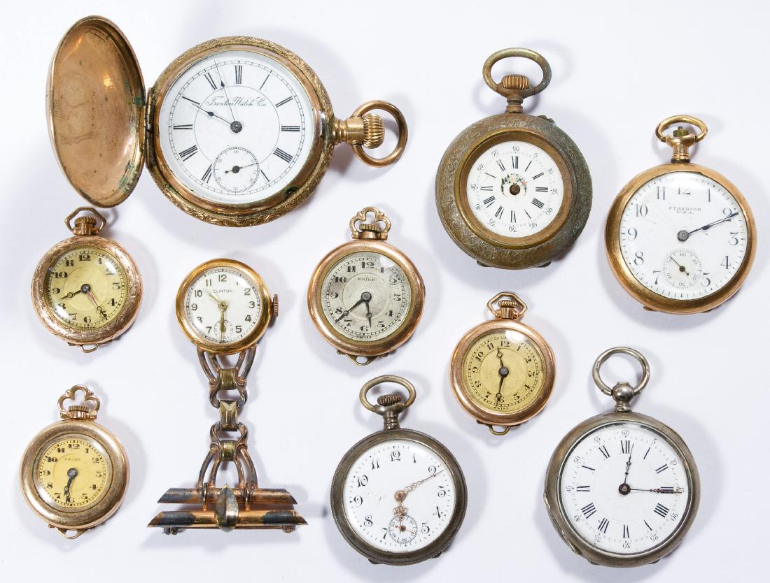 Open Face and Hunter Case Pocket and Pendant Watch: Open Face and Hunter Case Pocket and Pendant Watch Assortment Ten pieces by various makers including Trenton serial #525655, Standard and Pride Size: 7s to 15s Category: Watches > Women's Pocket Watch