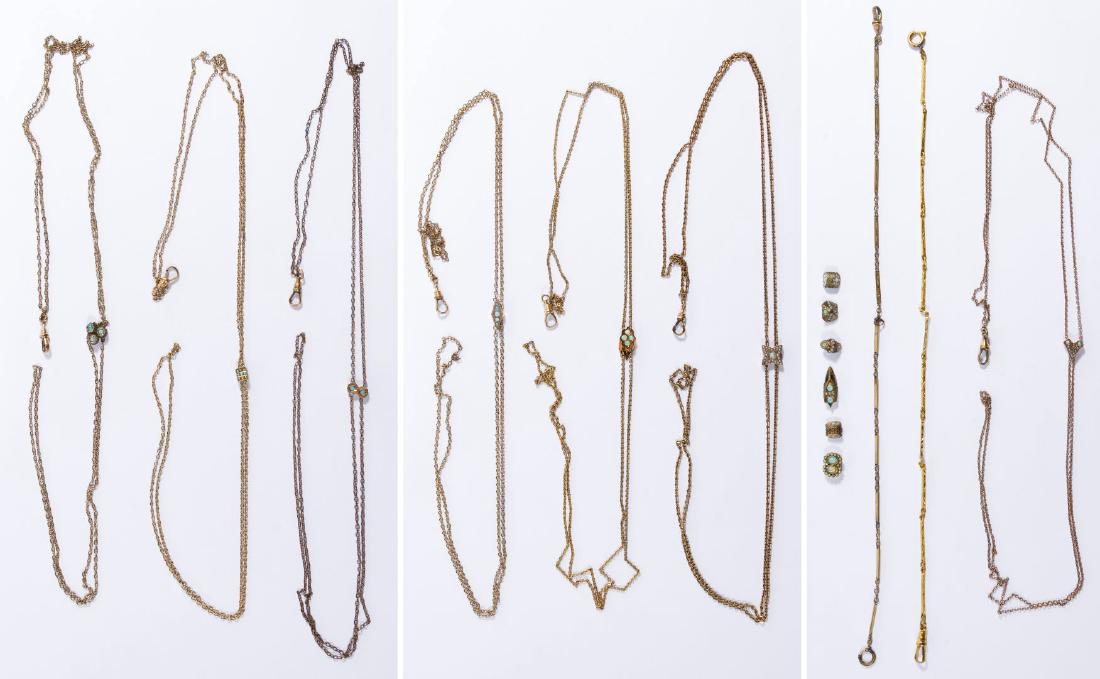 Gold Filled Watch Chain Assortment: Gold Filled Watch Chain Assortment (9) chains, (7) with slides; together with (7) slides; all adorned with seed pearls or opals Length: 25.00 inches (star slide chain) Category: Watches > Mixed Lots S
