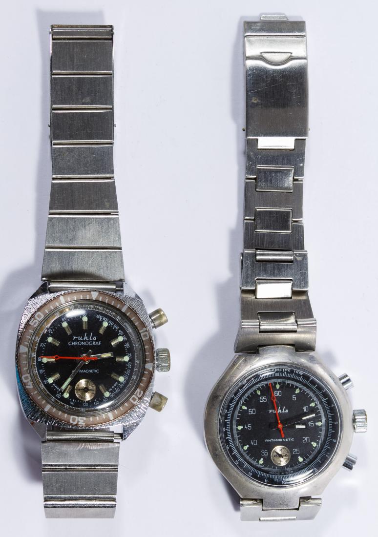 REPLICA Ruhla Wrist Watches: REPLICA Ruhla Wrist Watches Two anti-magnetic watches with stop watch function; unmarked mechanisms; ** These are REPLICA items ** Diameter: 1.50 inches (largest face) Category: Watches > Mixed Lots S