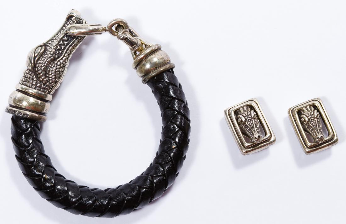 Barry Kieselstein-Cord 'Alligator' Bracelet and: Barry Kieselstein-Cord 'Alligator' Bracelet and Earrings Dated 1996, clip earrings and leather bracelet; signed and marked '925' Length: 7.75 inches Weight: 2.65 ozt. (total weight) Category: Silver &
