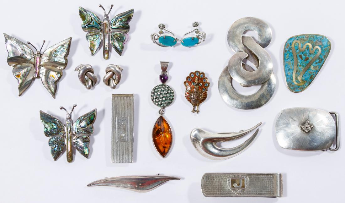 Sterling Silver Jewelry Assortment: Sterling Silver Jewelry Assortment Including (2) pairs of earrings, (8) pins, (2) money clips, a Masonic belt buckle and a pendant; most marked '925' or 'sterling', some having adornment; some artist 