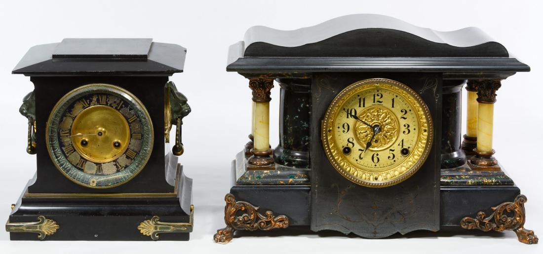 Marble and Wood Mantel Clocks: Marble and Wood Mantel Clocks Two clocks including a wood Seth Thomas and a marble clock with animal faces on the side; Seth Thomas has its key Height: 11.50 inches, Width: 17.50 inches, Depth: 7.00 i