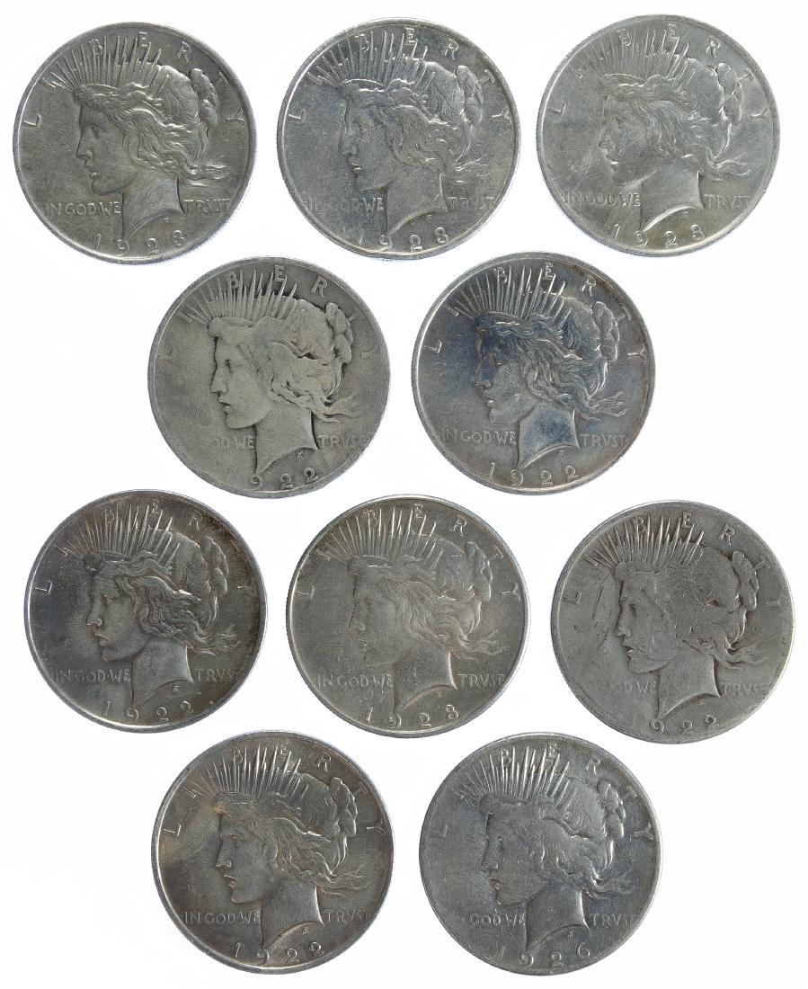 Peace $1 Assortment: Peace $1 Assortment (10) coins including (3) 1922, 1922-D, 1922-S, (2) 1923, 1923-S, 1926-S and 1928-S Category: Dollars > Peace Dollar Mixed Lots Shipping Status: Leonard Auction, Inc. will provide d