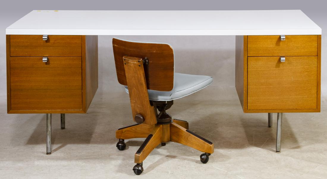 MCM Desk by George Nelson for Herman Miller: MCM Desk by George Nelson for Herman Miller Having a white formica top on a teak base, chrome legs and a small and file drawer on each end; together with a MCM desk chair with light blue vinyl upholst