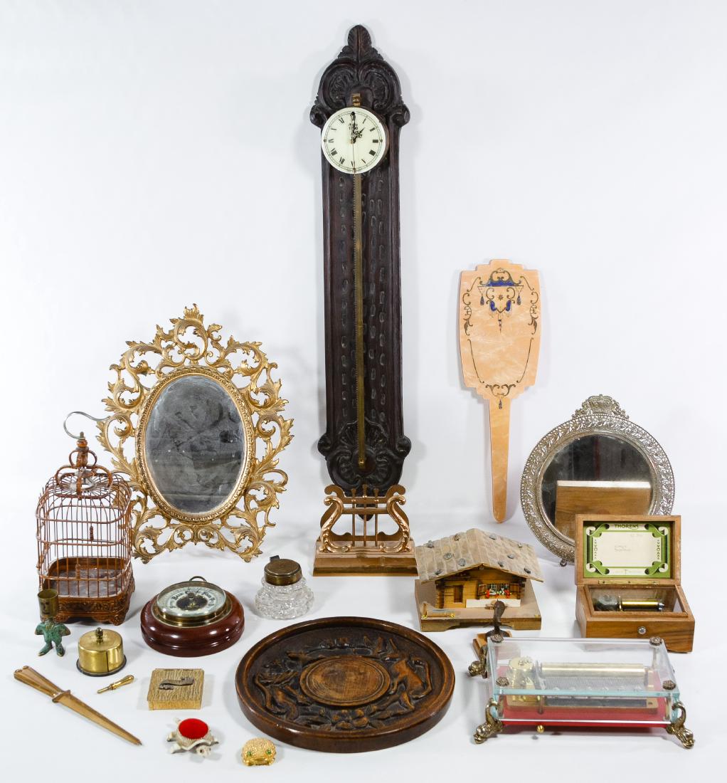 Music Box and Desk Accessory Assortment: Music Box and Desk Accessory Assortment Including a Reuge music box #37211, a Thorens music box #AL 236, a Cuendt music box, two table top mirrors, a German barometer and a German 'Anno 1750' clock an