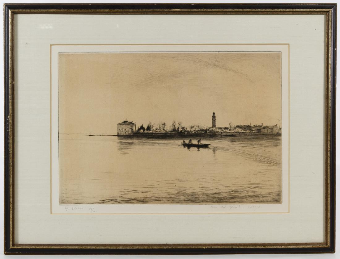 Edgar Chahine (French, 1874-1947) Etching: Edgar Chahine (French, 1874-1947) Etching Undated, pencil signed lower left, pencil numbered 58/100, depicting people in a boat with a city in the background Height: 9.50 inches, Width: 13.25 inches (